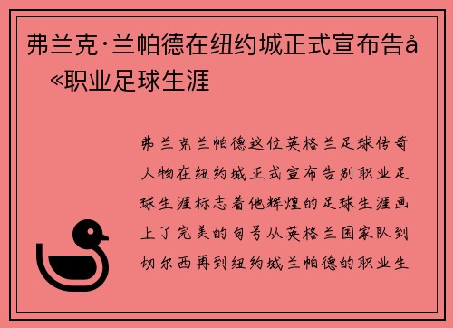 弗兰克·兰帕德在纽约城正式宣布告别职业足球生涯